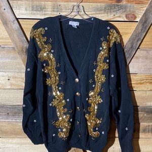 Lindsey Blake Vintage Sweater Black Gold Sequined Size M